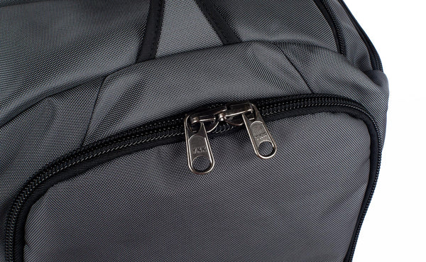 A close up of the main compartment's YKK zippers.
